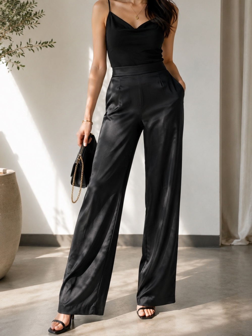 Mango Black Satin High-Waist Wide-Leg Pants Elegant Office Wear Evening Date
